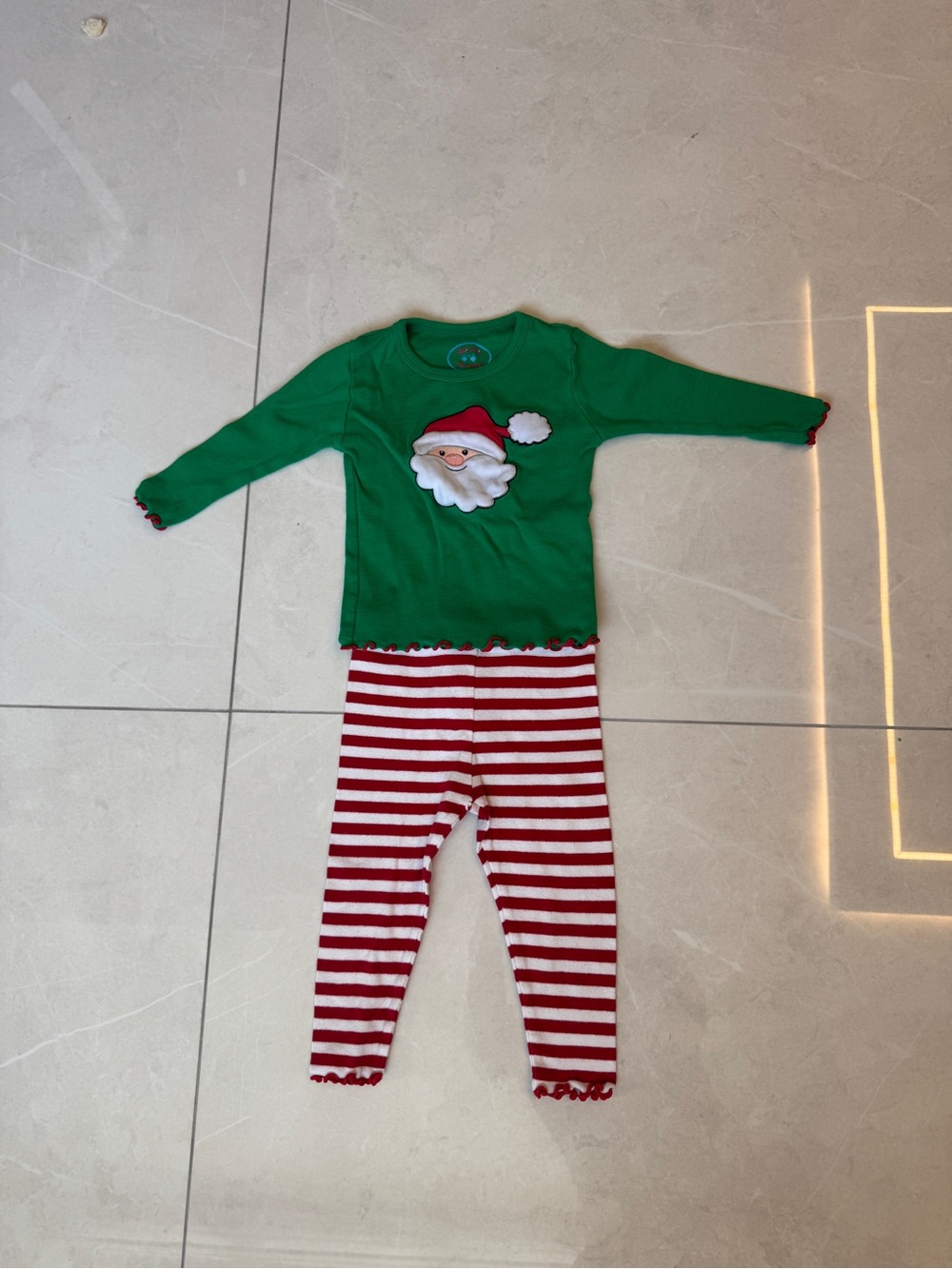 Sara's Prints Green Santa Top with Red & White Stripe Pajama Pants